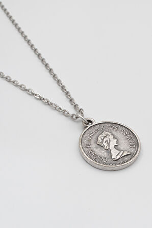 Kraliçe Elizabeth II (Genç Portre) Düz Ezme Zincir Kolye - Antik Gümüş Kaplama - Kadın Erkek - 60 cm