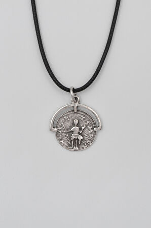 Bohem Roma Dönemi Sikke Siyah Deri İp Kolye - Antik Gümüş Kaplama - Kadın Erkek - 60 cm