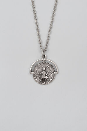 Bohem Roma Dönemi Sikke Düz Ezme Zincir Kolye - Antik Gümüş Kaplama - Kadın Erkek - 60 cm