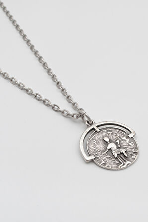 Bohem Roma Dönemi Sikke Düz Ezme Zincir Kolye - Antik Gümüş Kaplama - Kadın Erkek - 60 cm