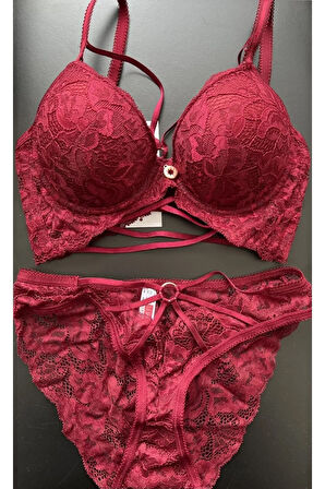 5025 Katty Biye Şeritli Silikonlu Bordo Sütyen Takım