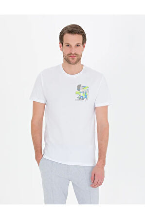 Beyaz Slim Fit Baskılı Bisiklet Yaka Tişört 50263926-vr013