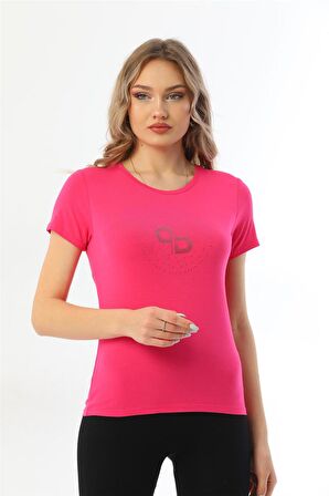 Kadın Bisiklet Yaka Taş Detaylı Kısa Kollu Tişört-Fuşya