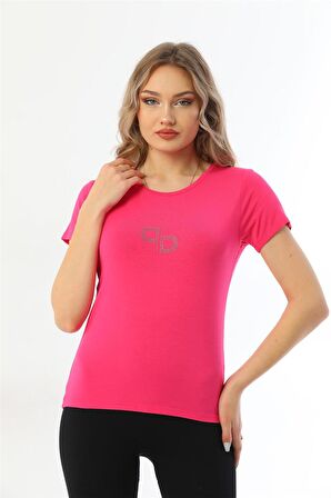 Kadın Bisiklet Yaka Taş Detaylı Kısa Kollu Tişört-Fuşya