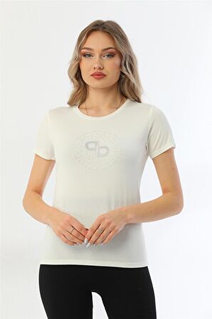 Kadın Bisiklet Yaka Taş Detaylı Kısa Kollu Tişört-Krem