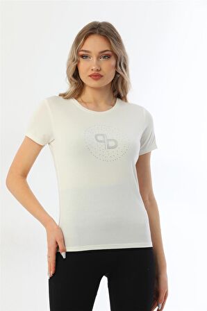 Kadın Bisiklet Yaka Taş Detaylı Kısa Kollu Tişört-Krem