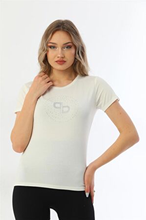 Kadın Bisiklet Yaka Taş Detaylı Kısa Kollu Tişört-Krem