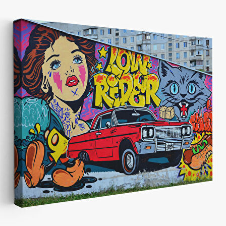 Grafiti İle Yapilmiş Retro Kırmızı Araba Kanvas Tablo-5027