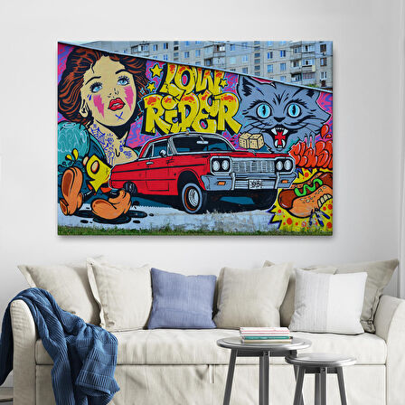 Grafiti İle Yapilmiş Retro Kırmızı Araba Kanvas Tablo-5027