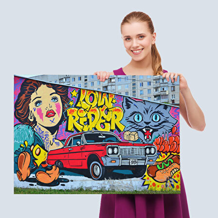 Grafiti İle Yapilmiş Retro Kırmızı Araba Kanvas Tablo-5027