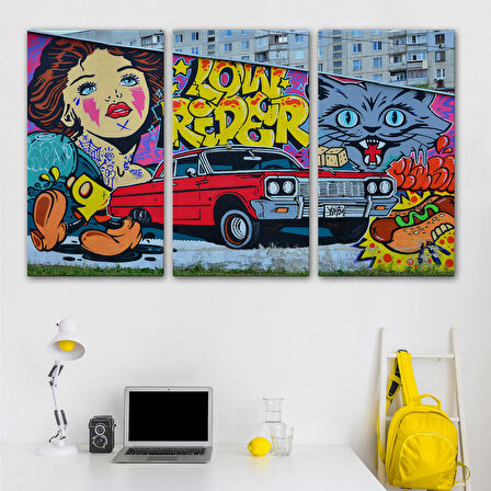 Grafiti İle Yapilmiş Retro Kırmızı Araba Kanvas Tablo-5027