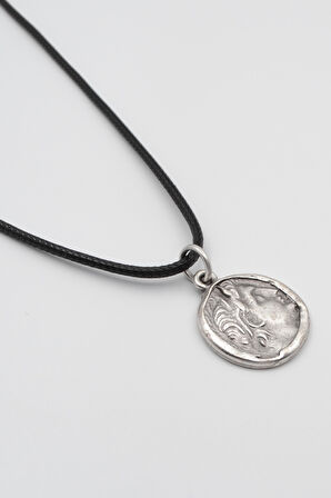 Yunan Antik Makedonya Kralı Büyük İskender Siyah Deri İp Kolye - Antik Gümüş Kaplama - Kadın Erkek - 60 cm