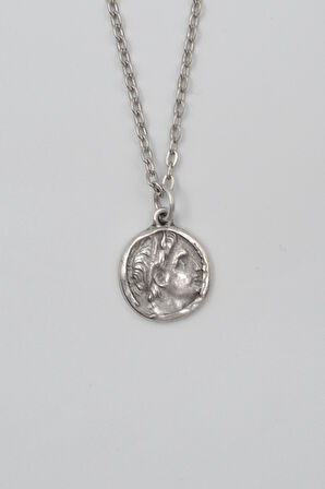 Yunan Antik Makedonya Kralı Büyük İskender Düz Ezme Zincir Kolye - Antik Gümüş Kaplama - Kadın Erkek - 60 cm