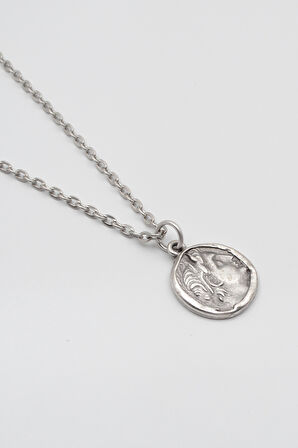 Yunan Antik Makedonya Kralı Büyük İskender Düz Ezme Zincir Kolye - Antik Gümüş Kaplama - Kadın Erkek - 60 cm