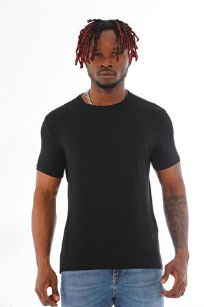 Erkek Slim Fit Modal Likra Basic Kısa Kol T-shirt-Siyah