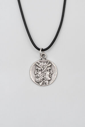 İki Yüzlü Janus Siyah Deri İp Kolye - Antik Gümüş Kaplama - Kadın Erkek - 60 cm