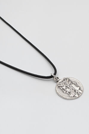 İki Yüzlü Janus Siyah Deri İp Kolye - Antik Gümüş Kaplama - Kadın Erkek - 60 cm