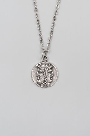 İki Yüzlü Janus Düz Ezme Zincir Kolye - Antik Gümüş Kaplama - Kadın Erkek - 60 cm