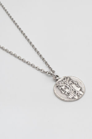 İki Yüzlü Janus Düz Ezme Zincir Kolye - Antik Gümüş Kaplama - Kadın Erkek - 60 cm