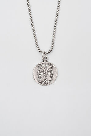 İki Yüzlü Janus Örme Zincir Kolye - Antik Gümüş Kaplama - Kadın Erkek - 60 cm