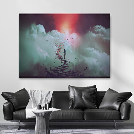 Gökyüzüne Giden Kırık Merdivenlerde Duran Genç Kadın Kanvas Tablosu-5029