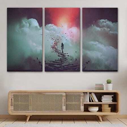 Gökyüzüne Giden Kırık Merdivenlerde Duran Genç Kadın Kanvas Tablosu-5029