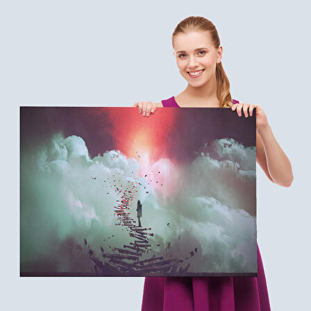 Gökyüzüne Giden Kırık Merdivenlerde Duran Genç Kadın Kanvas Tablosu-5029