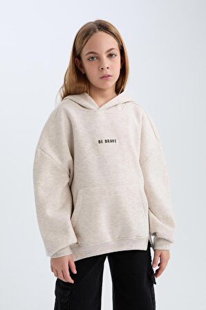 DeFacto Kız Çocuk Oversize Geniş Kalıp Kapüşonlu Baskılı İçi Yumuşak Tüylü Kalın Sweatshirt D6185A824WNBG588