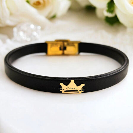 Cansu İsmine Özel Hakiki Siyah Derili Taç Motifli 14 Ayar Altın Plakalı Hediye Bileklik-503isim
