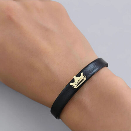 Cansu İsmine Özel Hakiki Siyah Derili Taç Motifli 14 Ayar Altın Plakalı Hediye Bileklik-503isim