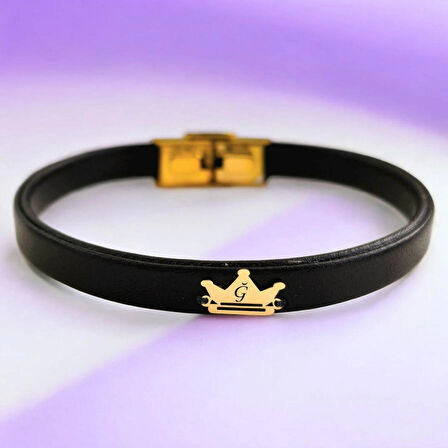 Ğ Harfine Özel 14 Ayar Altın Plakalı Hakiki Siyah Derili Taç Motifli Hediye Bileklik-503harf