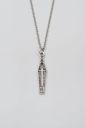 Gotik Haçlı Tabut Düz Ezme Zincir Kolye - Antik Gümüş Kaplama - Kadın Erkek - 60 cm