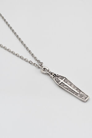 Gotik Haçlı Tabut Düz Ezme Zincir Kolye - Antik Gümüş Kaplama - Kadın Erkek - 60 cm