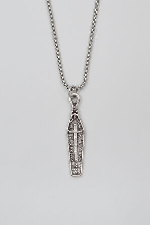 Gotik Haçlı Tabut Örme Zincir Kolye - Antik Gümüş Kaplama - Kadın Erkek - 60 cm