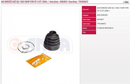 AKS KÖRÜĞÜ İÇ SAĞ 1.5 DCİ 110 HP OTM 6 VİT. 09=> RENAULT MEGANE III FLUENCE SCENIC III