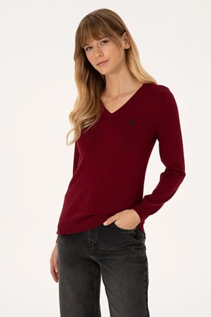 Kadın Bordo V Yaka Basic Kazak 50313590-VR014