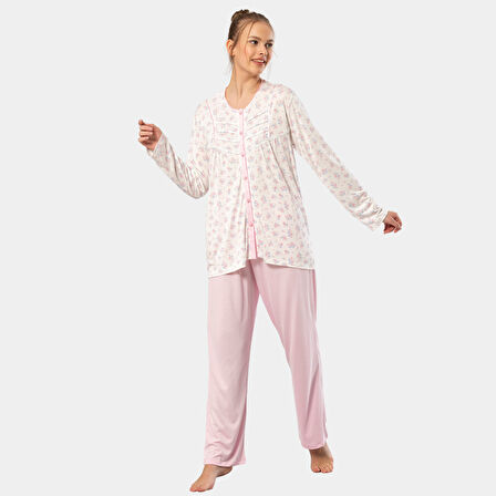 Empirme Düğmeli Battal Uzun Kollu Pijama Takım 3367/Pembe