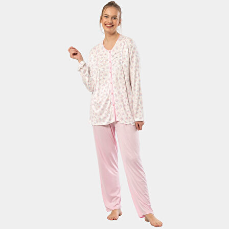 Empirme Düğmeli Battal Uzun Kollu Pijama Takım 3367/Pembe