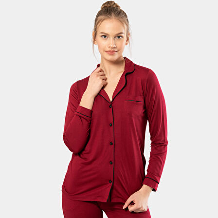 Düz Uzun Kollu Gömlek Yaka Pijama Takım 3365/BORDO 3365/Bordo