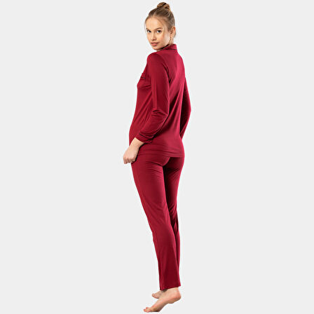 Düz Uzun Kollu Gömlek Yaka Pijama Takım 3365/BORDO 3365/Bordo