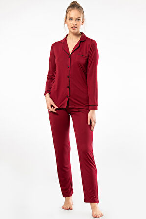 Düz Uzun Kollu Gömlek Yaka Pijama Takım 3365/BORDO 3365/Bordo