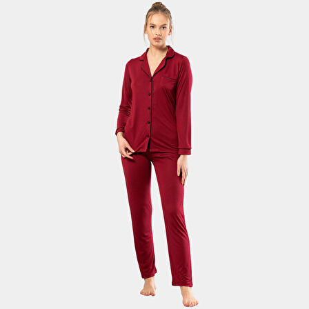 Düz Uzun Kollu Gömlek Yaka Pijama Takım 3365/BORDO 3365/Bordo
