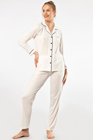 Düz Uzun Kollu Gömlek Yaka Pijama Takım 3365/Ekru 3365/Ekru