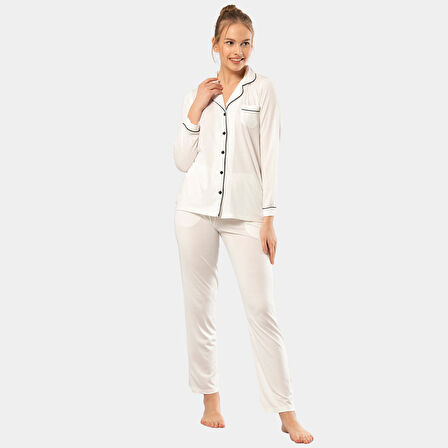 Düz Uzun Kollu Gömlek Yaka Pijama Takım 3365/Ekru 3365/Ekru