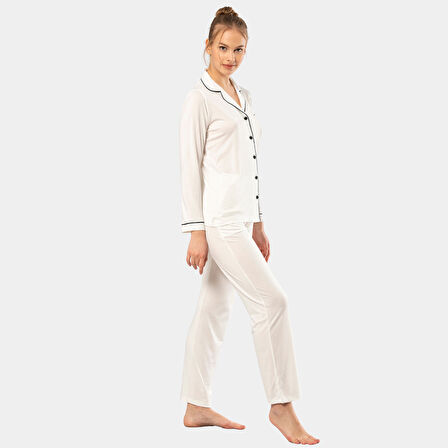 Düz Uzun Kollu Gömlek Yaka Pijama Takım 3365/Ekru 3365/Ekru