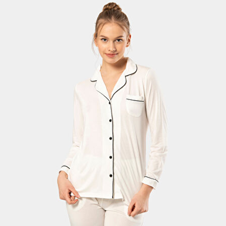 Düz Uzun Kollu Gömlek Yaka Pijama Takım 3365/Ekru 3365/Ekru