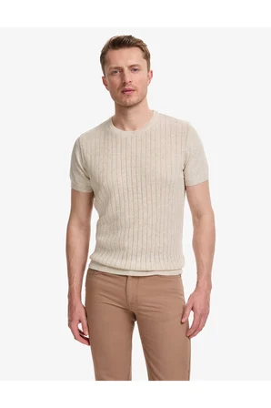 Bej Slim Fit Keten Karışımlı Bisiklet Yaka Triko Tişört 50323949-VR011