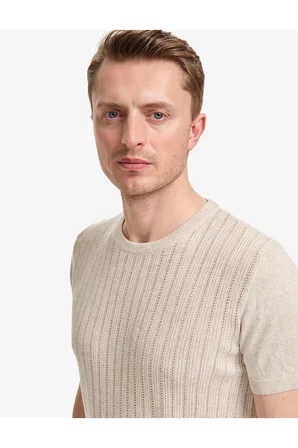 Bej Slim Fit Keten Karışımlı Bisiklet Yaka Triko Tişört 50323949-VR011