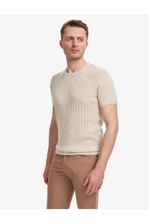 Bej Slim Fit Keten Karışımlı Bisiklet Yaka Triko Tişört 50323949-VR011