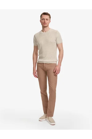 Bej Slim Fit Keten Karışımlı Bisiklet Yaka Triko Tişört 50323949-VR011